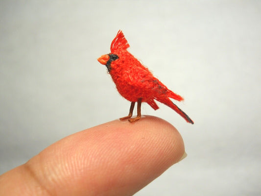 Cardinal in a Snowy Branch - Micro Amigurumi Miniature Crochet Bird Stuffed Animal - Made To Order