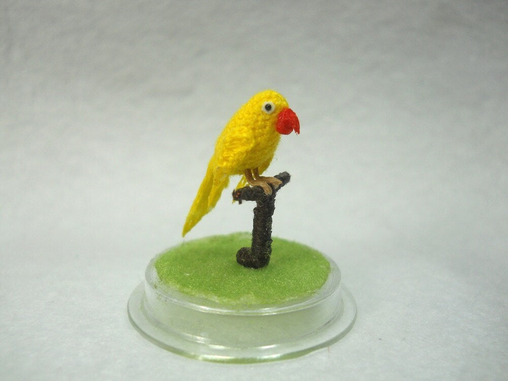 Yellow Parrot in Dome - Micro Amigurumi Miniature Crochet Bird Stuffed Animal - Made To Order