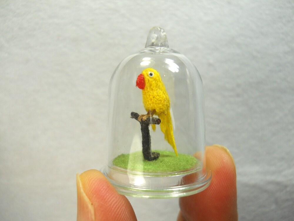 Yellow Parrot in Dome - Micro Amigurumi Miniature Crochet Bird Stuffed Animal - Made To Order