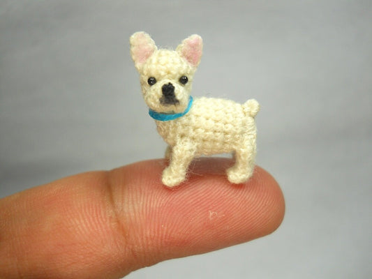 Mini White French Bulldog - Micro amigurumi Tiny Crocheted Dog - Made To Order