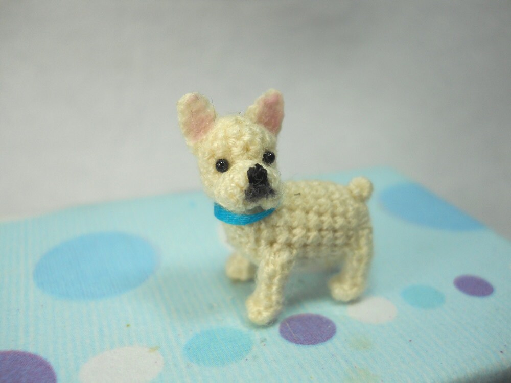 Mini White French Bulldog - Micro amigurumi Tiny Crocheted Dog - Made To Order