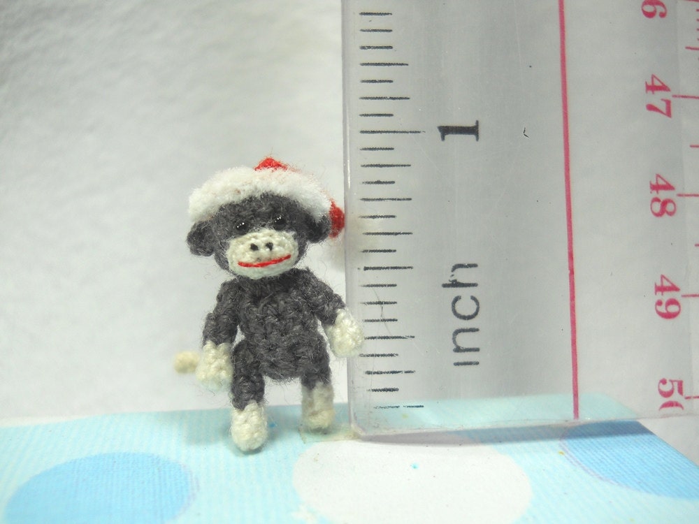Mini Christmas Sock Monkey Doll - Amigurumi Tiny Crochet Miniature Stuffed Animal - Made To Order