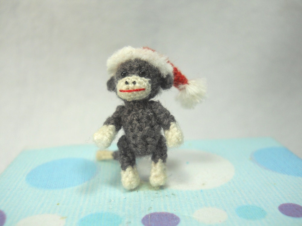 Mini Christmas Sock Monkey Doll - Amigurumi Tiny Crochet Miniature Stuffed Animal - Made To Order