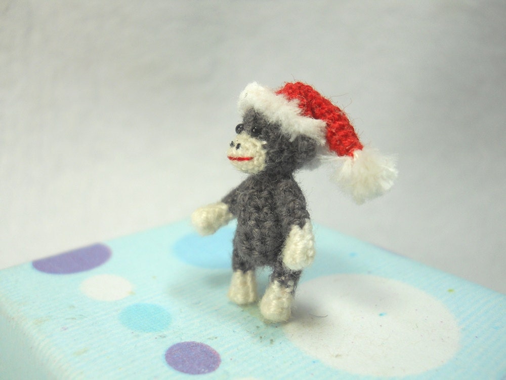 Mini Christmas Sock Monkey Doll - Amigurumi Tiny Crochet Miniature Stuffed Animal - Made To Order