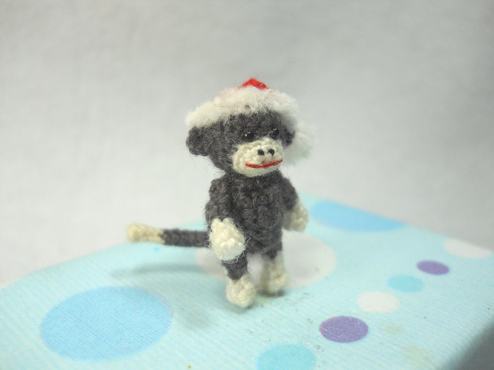 Mini Christmas Sock Monkey Doll - Amigurumi Tiny Crochet Miniature Stuffed Animal - Made To Order