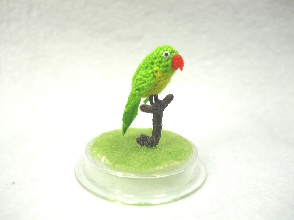 Green Parrot in Dome - Micro Amigurumi Miniature Crochet Bird Stuffed Animal - Made To Order