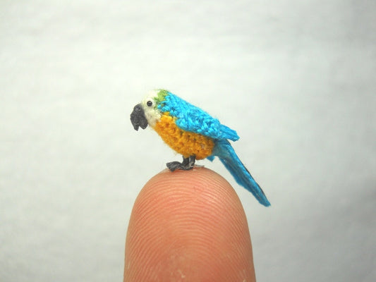 Mini Parrot in Dome - Blue White Yellow - Micro Amigurumi Miniature Crochet Bird Stuffed Animal - Made To Order
