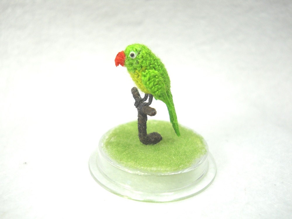 Green Parrot in Dome - Micro Amigurumi Miniature Crochet Bird Stuffed Animal - Made To Order