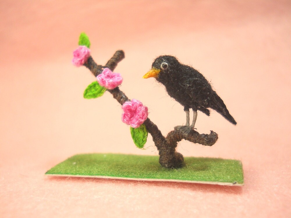 Miniature Blackbird - Micro Amigurumi Miniature Crochet Bird Stuffed Animal - Made To Order