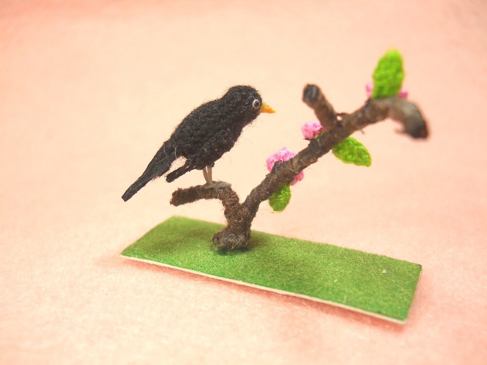 Miniature Blackbird - Micro Amigurumi Miniature Crochet Bird Stuffed Animal - Made To Order