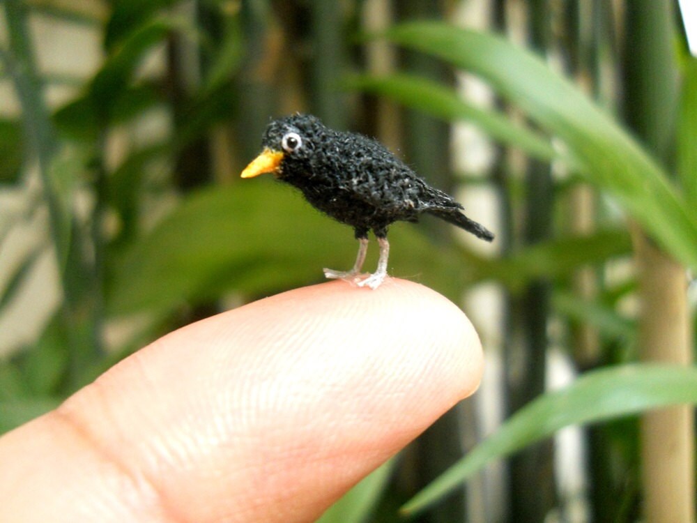 Miniature Blackbird - Micro Amigurumi Miniature Crochet Bird Stuffed Animal - Made To Order