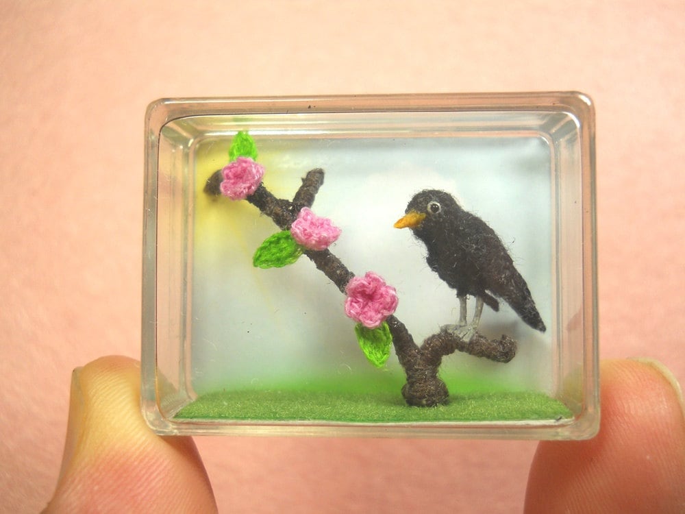 Miniature Blackbird - Micro Amigurumi Miniature Crochet Bird Stuffed Animal - Made To Order