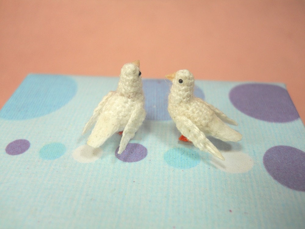 Mini White Dove Couple - Micro Amigurumi Miniature Crochet Bird Stuffed Animal - Made To Order