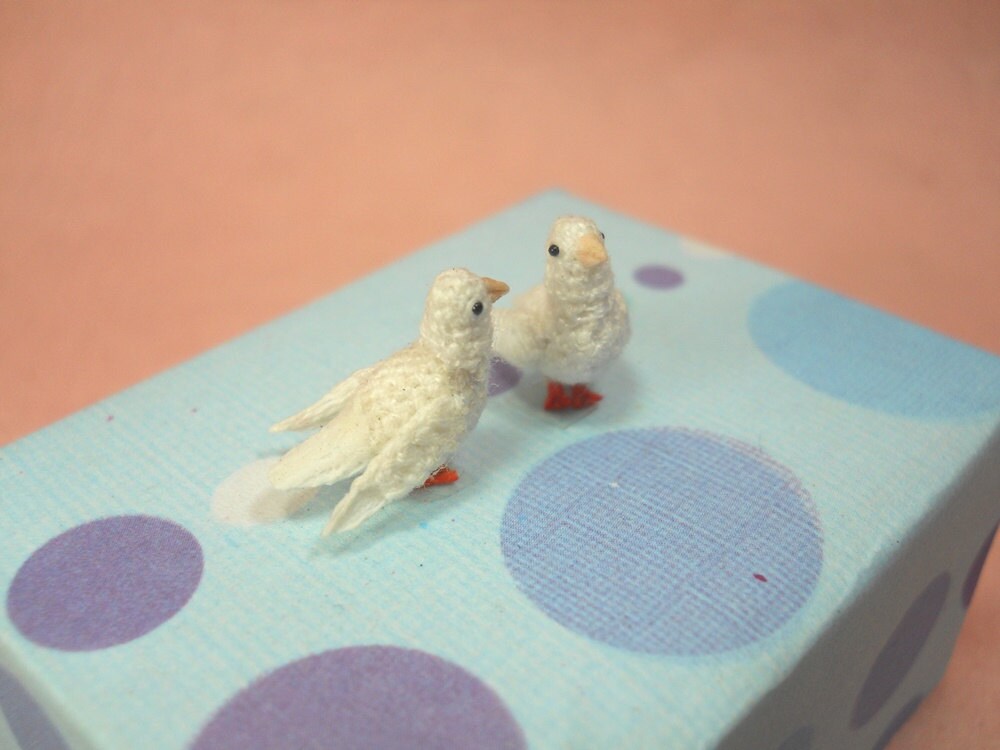 Mini White Dove Couple - Micro Amigurumi Miniature Crochet Bird Stuffed Animal - Made To Order