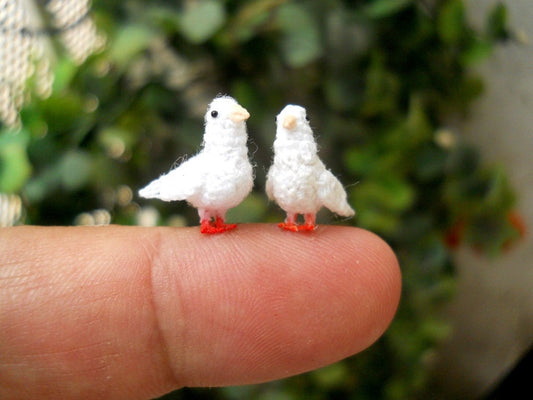 Mini White Dove Couple - Micro Amigurumi Miniature Crochet Bird Stuffed Animal - Made To Order