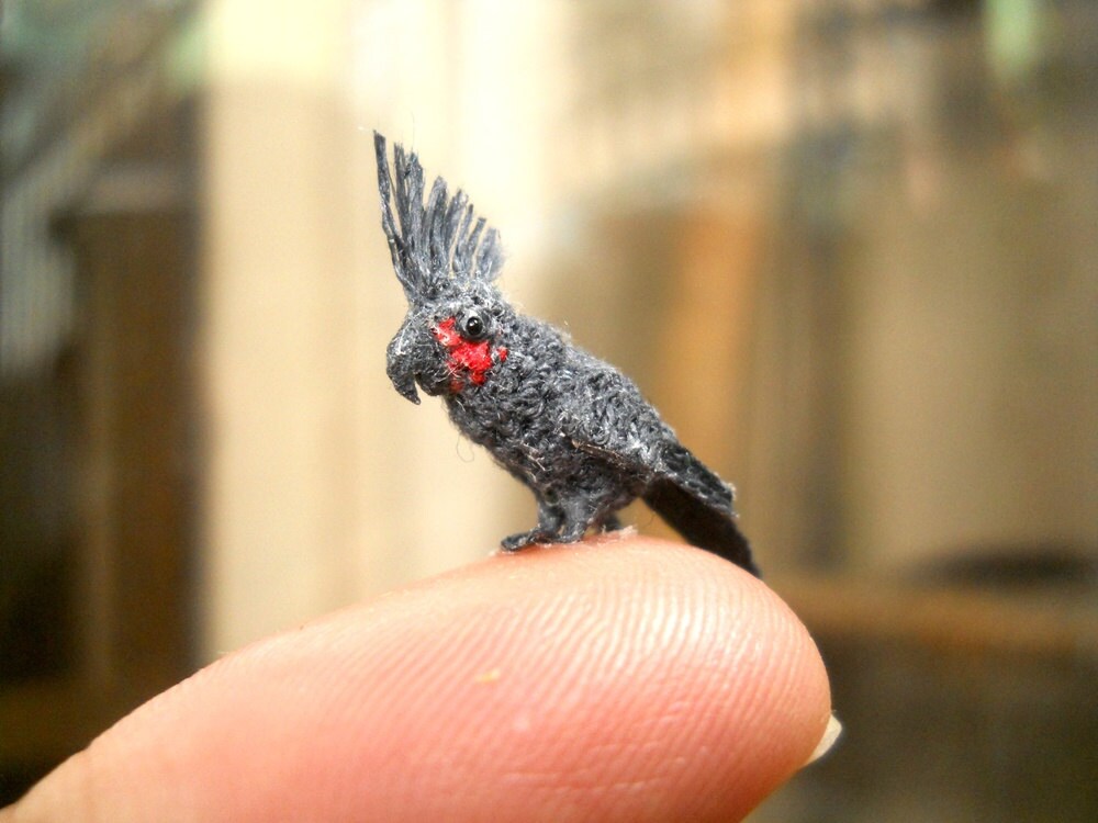 Great Black Cockatoo - Micro Amigurumi Miniature Crochet Bird Stuffed Animal - Made To Order