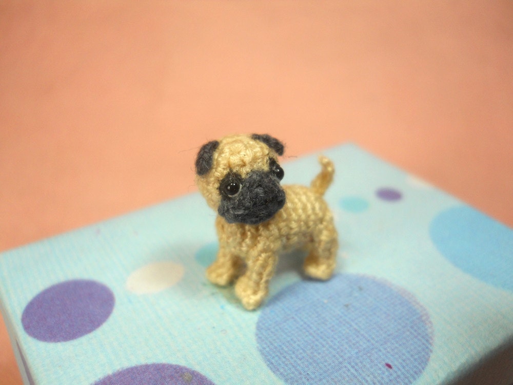 Micro Miniature Tan Pug Dog - Teeny Tiny Dollhouse Miniature Pet - Thread Crochet Animals - Made To Order