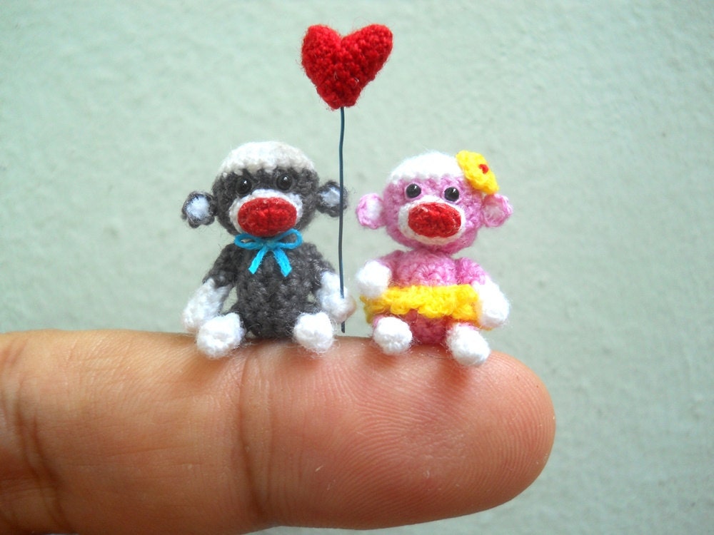 Sock Monkey Couple 1 Inch - Micro Amigurumi Crochet Miniature Monkey Stuffed Animal - Made To Order