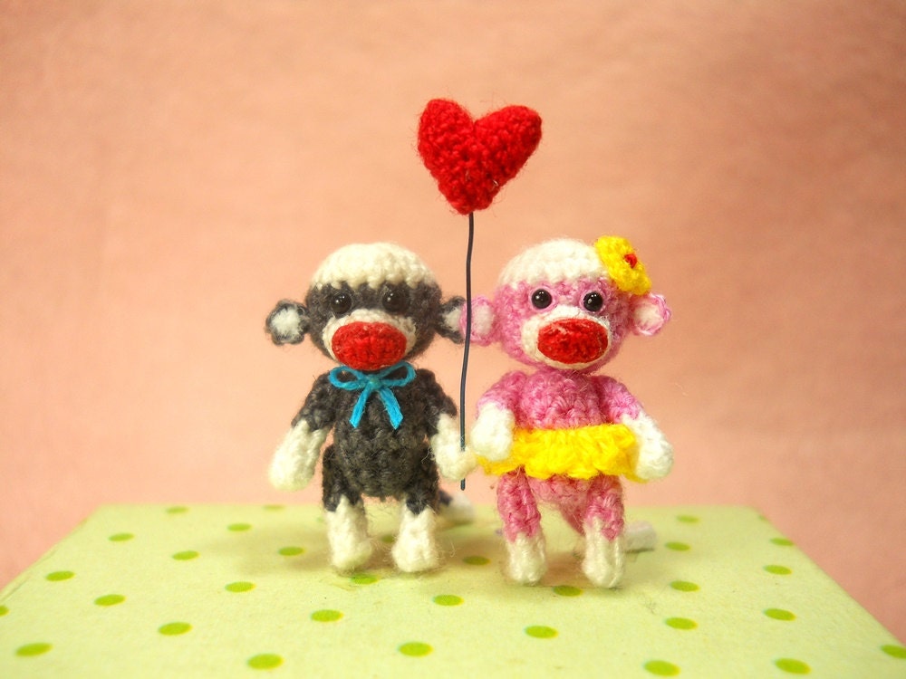 Sock Monkey Couple 1 Inch - Micro Amigurumi Crochet Miniature Monkey Stuffed Animal - Made To Order