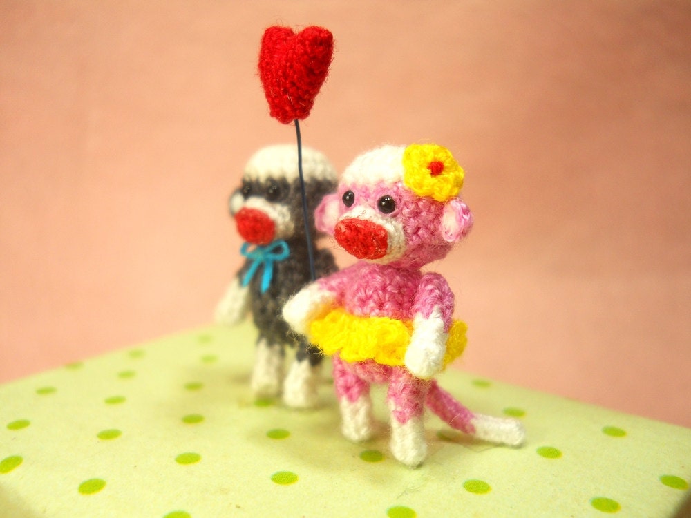 Sock Monkey Couple 1 Inch - Micro Amigurumi Crochet Miniature Monkey Stuffed Animal - Made To Order