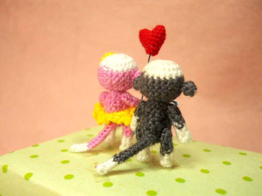 Sock Monkey Couple 1 Inch - Micro Amigurumi Crochet Miniature Monkey Stuffed Animal - Made To Order