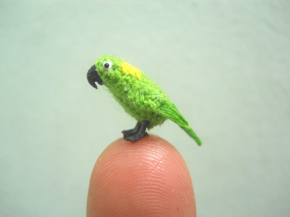 Yellow-naped Amazon Parrot in Dome - Micro Amigurumi Miniature Crochet Bird Stuffed Animal - Made To Order