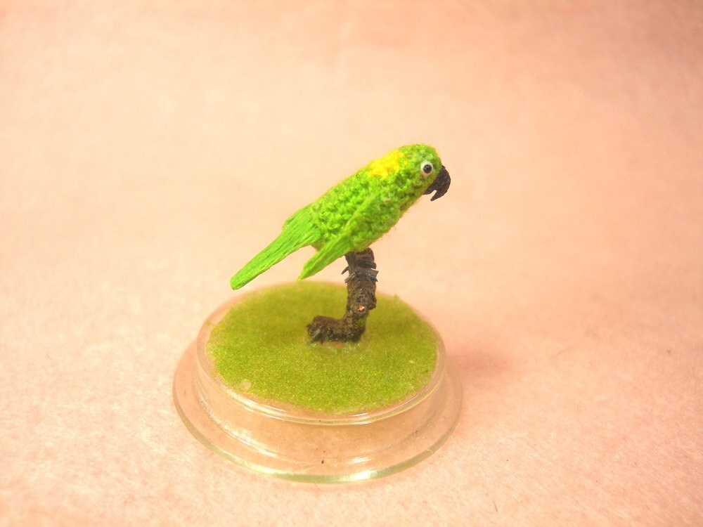 Yellow-naped Amazon Parrot in Dome - Micro Amigurumi Miniature Crochet Bird Stuffed Animal - Made To Order