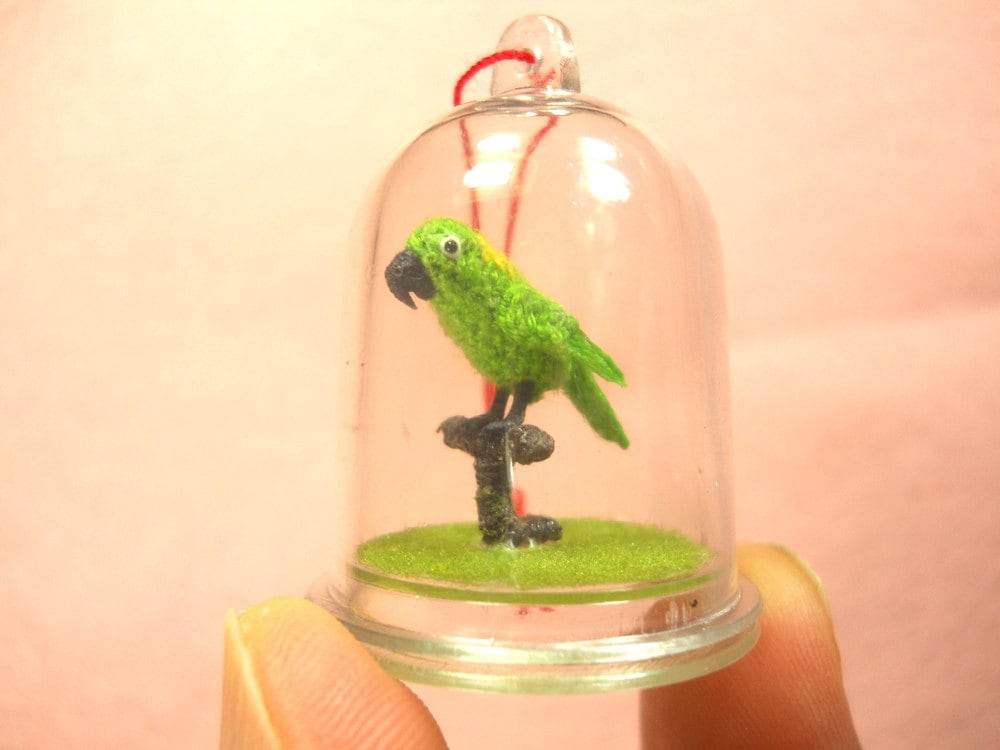 Yellow-naped Amazon Parrot in Dome - Micro Amigurumi Miniature Crochet Bird Stuffed Animal - Made To Order