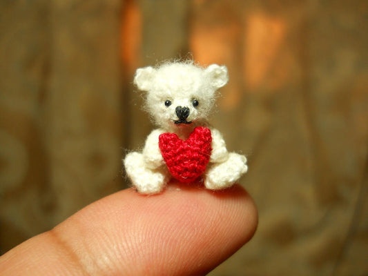 Mini White Bear Holding Heart -  Micro Crochet Miniature Bear - Made To Order