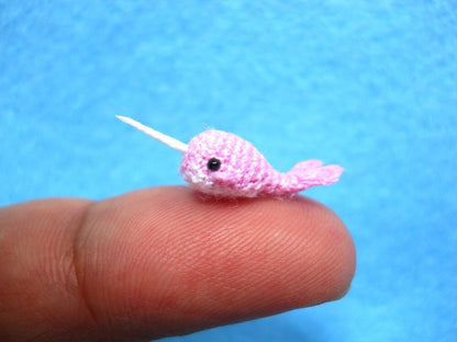 Micro Mini Pink Narwhal - Miniature Crochet Whale Stuffed Animal - Made to Order