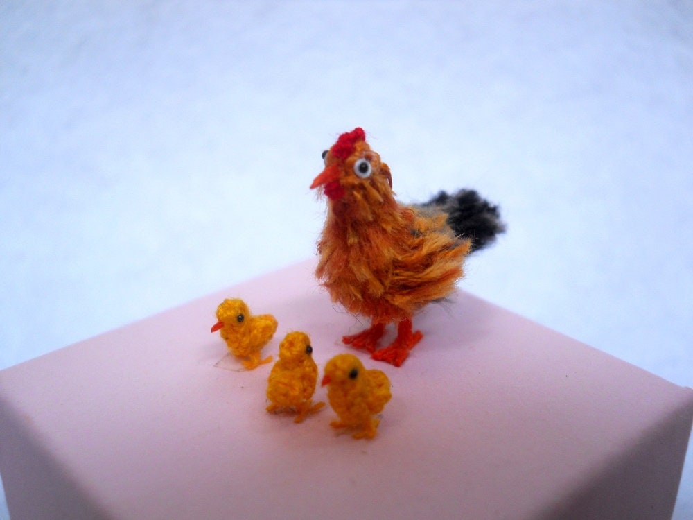 Hen And Yellow Chicks  - Micro Crocheted Chicken Family - Made To Order