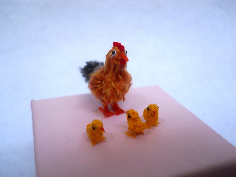 Hen And Yellow Chicks  - Micro Crocheted Chicken Family - Made To Order