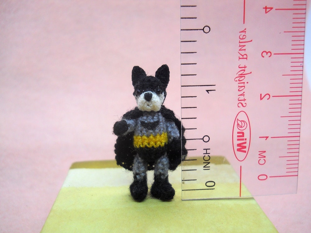 Batman and Super Hero - Micro Amigurumi, Crochet Tiny Doll, Miniature Dog Stuffed Animal.