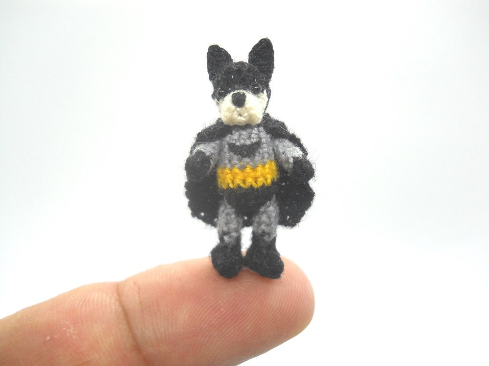 French Bulldog Batman - Micro Amigurumi, Crochet Tiny Doll, Miniature Dog Stuffed Animal.