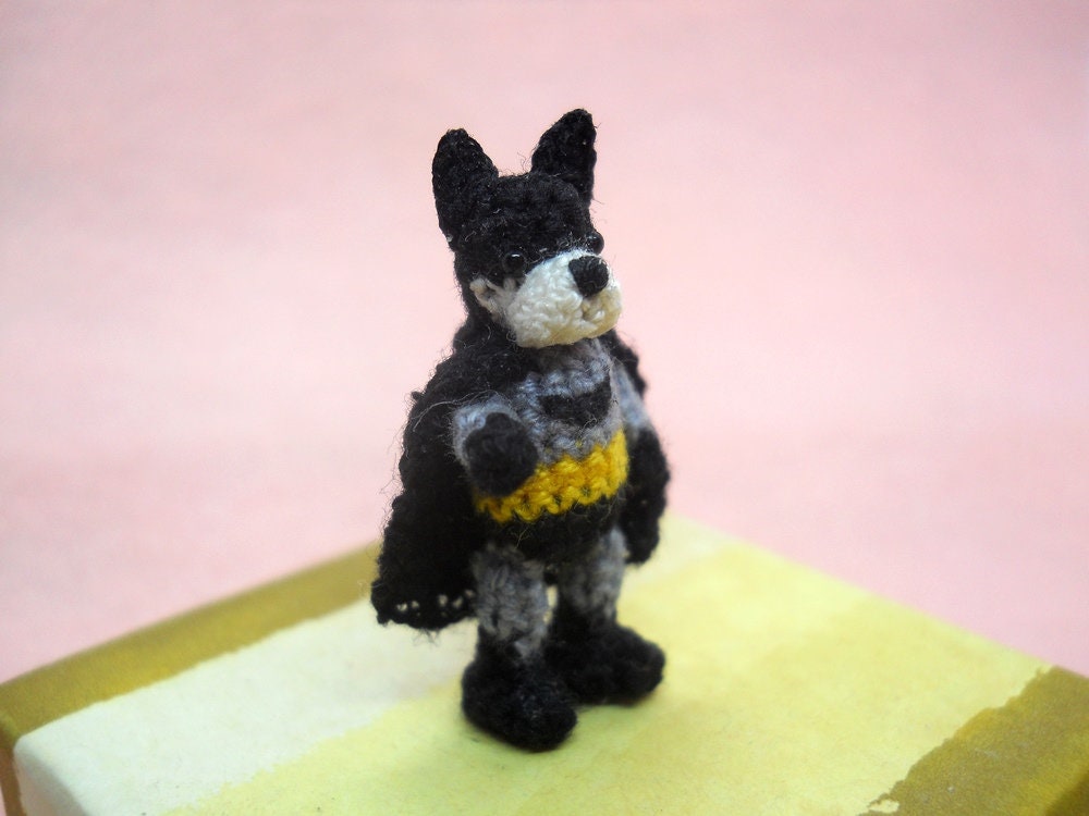 French Bulldog Batman - Micro Amigurumi, Crochet Tiny Doll, Miniature Dog Stuffed Animal.