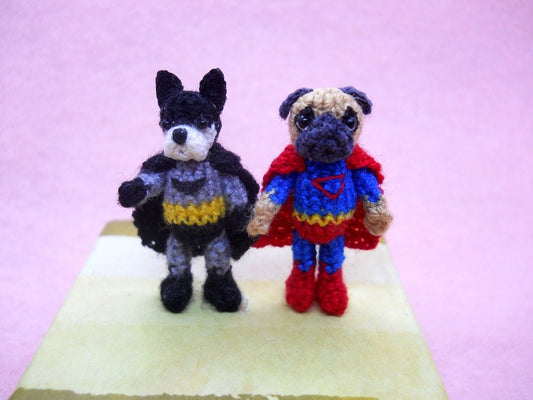 Batman and Super Hero - Micro Amigurumi, Crochet Tiny Doll, Miniature Dog Stuffed Animal.
