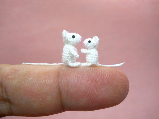 Two Brother White Mice - Micro Crochet Mouse, Amigurumi Stuffed Animal, Set of Two Mice - Made To Order