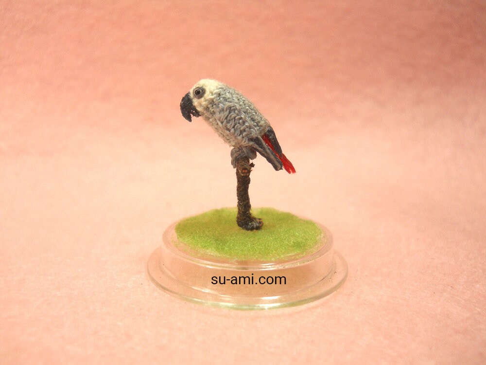 African Grey Parrot in Dome - Micro Amigurumi Miniature Crochet Bird Stuffed Animal - Made To Order