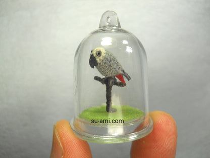 African Grey Parrot in Dome - Micro Amigurumi Miniature Crochet Bird Stuffed Animal - Made To Order