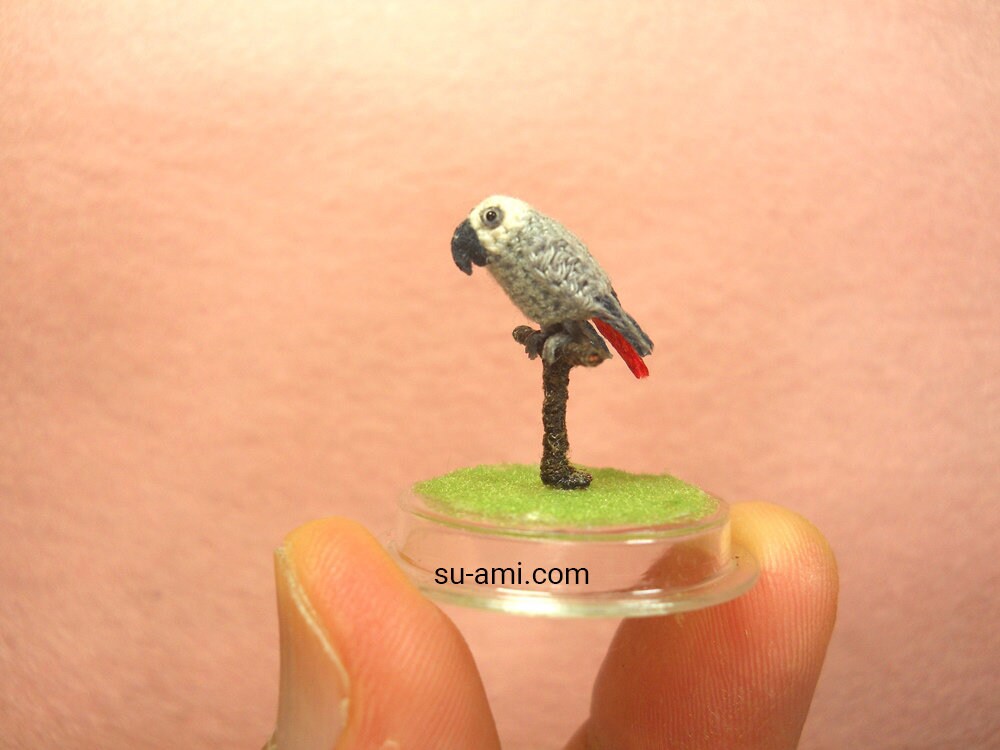 African Grey Parrot in Dome - Micro Amigurumi Miniature Crochet Bird Stuffed Animal - Made To Order