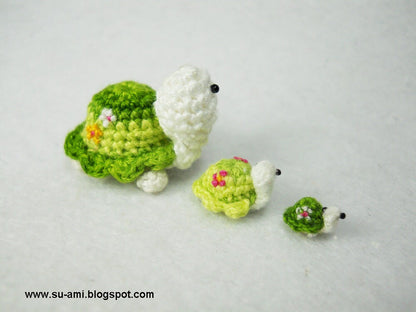 Flowery Turtle Family - Micro Amigurumi Crochet Tortoises - Set of 3 Green Turtles - Made To Order