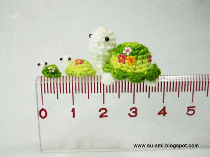 Flowery Turtle Family - Micro Amigurumi Crochet Tortoises - Set of 3 Green Turtles - Made To Order