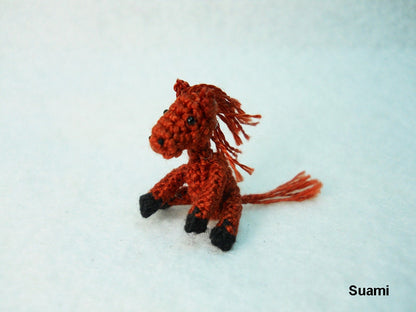 Miniature Chestnut Horse - Micro Dollhouse Miniature Thread Crochet Tiny Stuff Animal - Made To Order