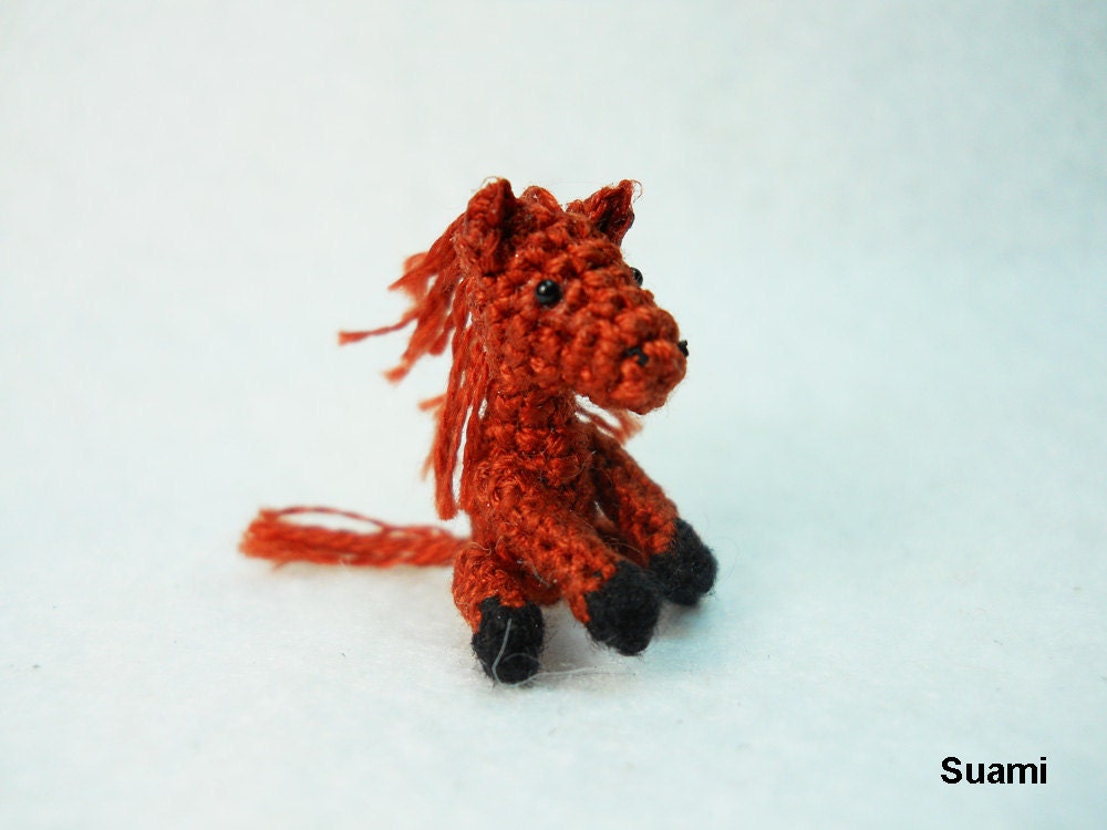 Miniature Chestnut Horse - Micro Dollhouse Miniature Thread Crochet Tiny Stuff Animal - Made To Order