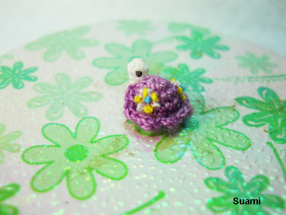 Tiny Flowery Turtle - Micro Miniature Crochet Tortoise - Purple Turtle - Made To Order