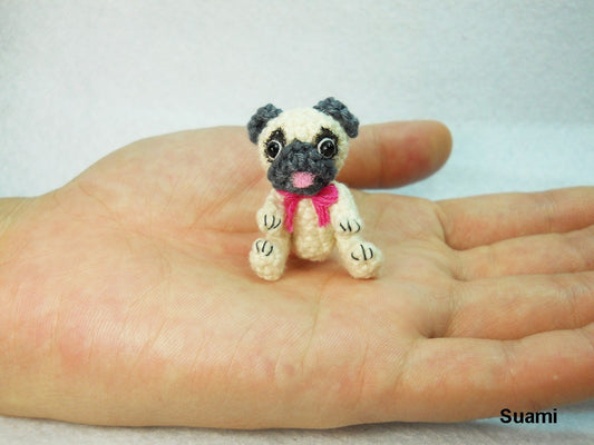 Tan Pug Dog with Pink Bow - Teeny Tiny Dollhouse Miniature Pet - Cotton Yarn Crocheted Pugs - Made To Order