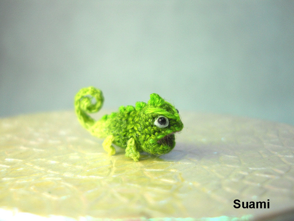 Micro Green Chameleon - Small Crochet Mini Amigurumi Miniature Tiny Animals - Made To Order