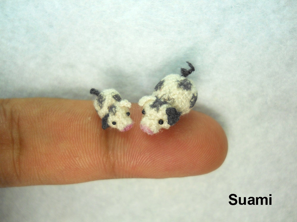 Micro Sow Pig and Piglet - Tiny Crocheted black White Pigmy Pigs - Set Of Two - Made To Order