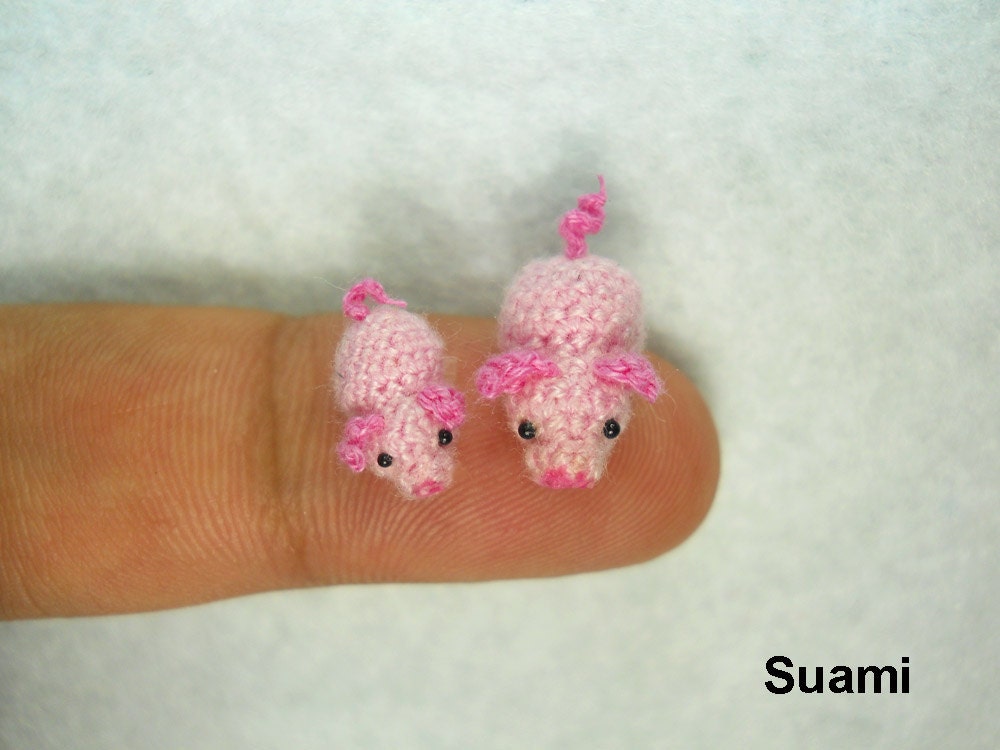 Micro Pink Pig and Piglet - Tiny Amigurumi Miniature Crochet Pigs - Set Of Two - Made To Order