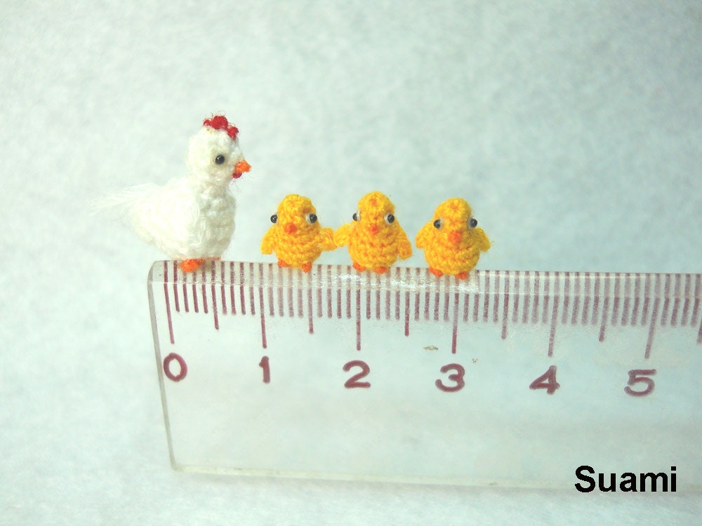 White Hen And Yellow Chicks  - Micro Crochet Amigurumi Chickens - Set of Four Chickens - Made To Order